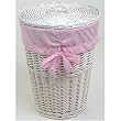 White Round Rattan Hamper w/Pink Gingham Liner