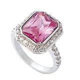 Ladies Rhodium Rectangle Pink and White Cubic Zirconia Cluster Ring