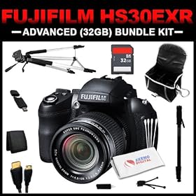 Fujifilm FinePix HS30EXR Digital Camera (Black) 32GB Advanced Bundle Kit includes 32GB SD Card, Mini Tripod, 57 Full Size Tripod, 67 Monopod, HDMI Cable, Carrying Case, Card Reader, Card Wallet, Cleaning Kit)