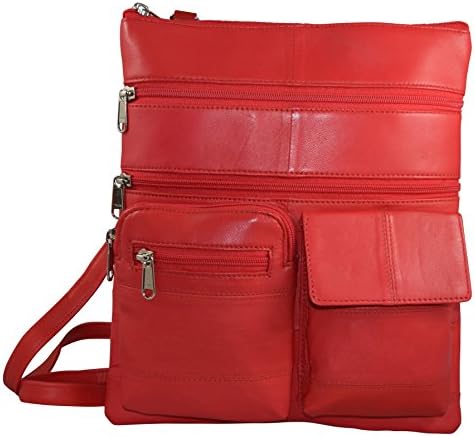 New Genuine Leather Casual Multi-Pocket Large Crossbody Purse Bag (Red)