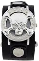 Flip Top See Through Silver Skull Bones Wide Leather Punk Skater Gothic Wrist Watch