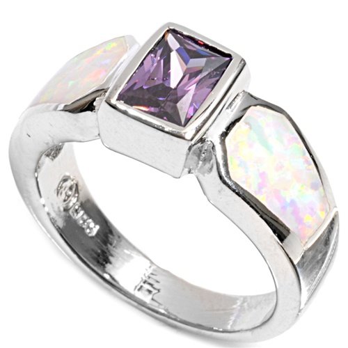 Sterling Silver 9mm Amethyst Lab Opal Ring (Size 6 - 9)