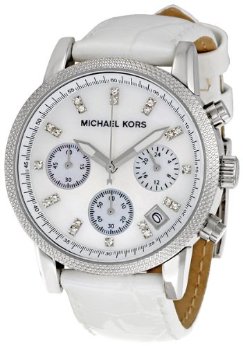 Michael Kors Watches White Leather Chronograph with Stones (White)
