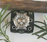 3 Wide Aged Black Leather Eyelet Watchband..