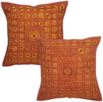 Rajasthani Decor Cotton Cushion Cover Red Indian Style Embroidered Circles Pillow Shams 16x16 Jaipuri Designs Throw Pillows Set Of 2 By Rajrang