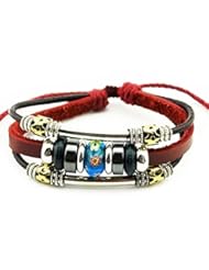 Jewelry: Bluegrass Flowers Blue Bead Multistrand Wine Red Leather Hand-knitted Adjustable Bracelet - Bluegrass