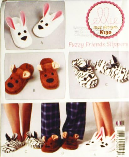 Ellie Mae Designs Pattern K130. Adult Sized Cozy Animal Slippers. Szs XS,S,M,L,XL. Foot Lengths: 8.5" Through 11.5"
