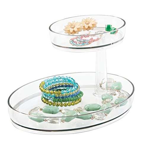 mDesign Fashion Jewelry Organizer with Swivel Tray for Rings, Earrings, Bracelets, Necklaces - 2 Tier, Large, Clear