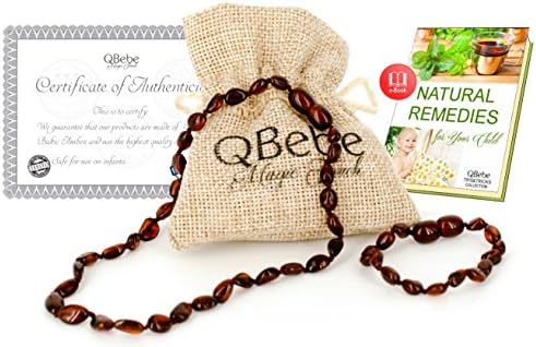 Amber Teething Set - QBebe - Amber Teething Necklace plus Bracelet/Anklet for Babies - Fit for Moms too - Certificated Baltic Amber - Teething Pain Reduce and Anti Inflammatory (Cherry)
