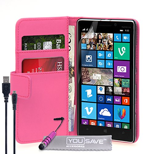 Yousave Accessories Nokia Lumia 930 Case Hot Pink PU Leather Wallet Cover With Mini Stylus Pen And Micro USB Cable