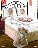 Quilted Bedspread 3Piece Polycotton Luxury Embroidered Patchwork Comforter Bed Set Size 243cm x 264cm Sherrie Natural, Double