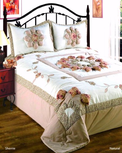 Quilted Bedspread 3Piece Polycotton Luxury Embroidered Patchwork Comforter Bed Set Size 243cm x 264cm Sherrie Natural, Double
