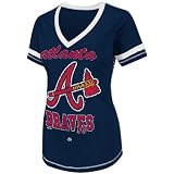 MLB Women's Atlanta Braves Bling Beauty Short Sleeve V-Neck Boyfriend Tee (Athletic Navy Heather/White, Large)