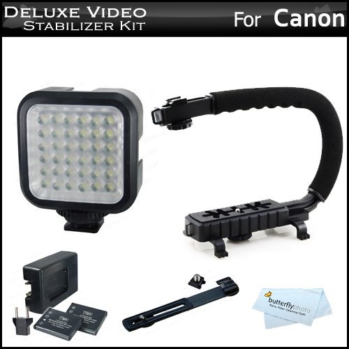 Deluxe LED Video Light w/ Support Bracket + 2 Batteries + Charger + Video Action Stabilizer Handle Kit For Canon EOS M, Rebel T5i, T5, SL1, T4i, T3i, 60D, 70D, 6D, EOS-1D X, EOS 5D Mark III DSLR, G1X Mark II, G7 X Deluxe LED Video Light w/ Support Bracket + 2 Batteries + Charger + Video Action Stabilizer Handle Kit For Canon EOS M, Rebel T5i, T5, SL1, T4i, T3i, 60D, 70D, 6D, EOS-1D X, EOS 5D Mark III DSLR, G1X Mark II, G7 X