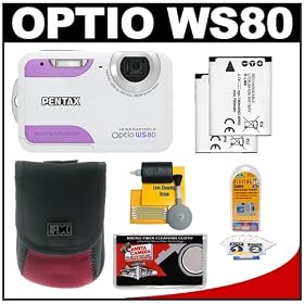 Pentax Optio WS80 Waterproof Digital Camera (White/Purple) + (2x) Spare D-LI88 Battery Packs + Case + Accessory Kit