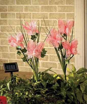 Set of 2 Pink Solar Fiber Optic Butterfly Bouquets Stakes Garden Yard Decor On/off Switch 22" X 10" X 6", Each, Including the 3-3/4" Stake