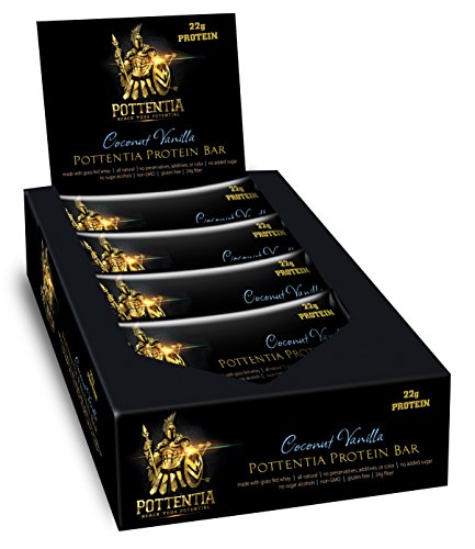Pottentia Grass Fed Whey Protein Bars, Coconut Vanilla, 22g Protein, 8 Large 85g Bars, High Fiber, No Sugar Alcohol, No GMO, No Gluten, Organic Ingredients, Artificial Free, No Additive