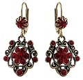Michal Negrin Classy Dangle Earrings with Flowers and Vintage Lace Trim Ornate with Deep Red Swarovski Crystals