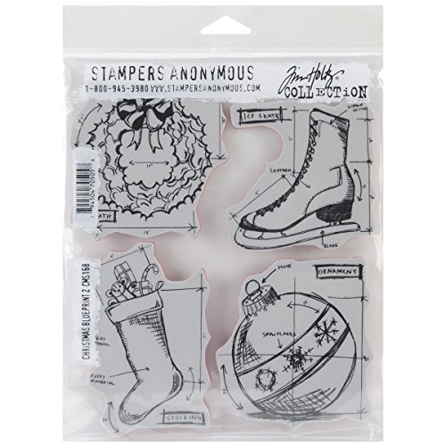 Stampers Anonymous Tim Holtz Cling Rubber Stamp Set, Christmas Blueprints, 7-Inch by 8.5-Inch
