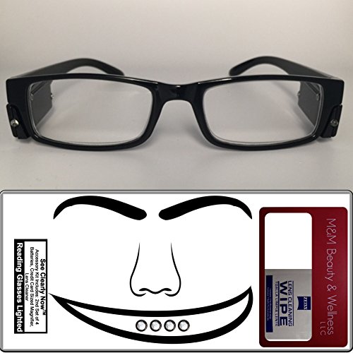 Reading Glasses Lighted ~ See Clearly Now Kit(TM) - 8 Batteries, Carl Zeiss Lens Cloth, Credit Card Magnifier ~ Corrective LED Readers with Lights Provide Hands Free Illumination ~ 2.0x BLACK