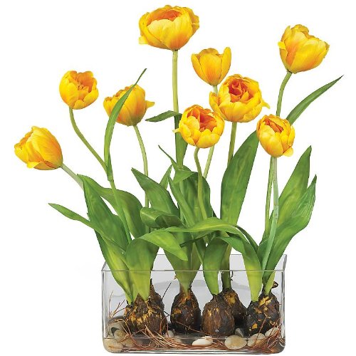 New Nearly Natural Tulips w/Rectangle Vase Silk Flower Arrangement Perfect Brilliant Color Yellow