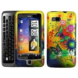 Yellow Green Purple Butterfly Blue Flower Design Rubberized Snap on Hard Cover Protector Faceplate Cell Phone Case for T-Mobile G2 Smartphone, HTC DesireZ , HTC Vanguard + Premium LCD Screen Guard Film