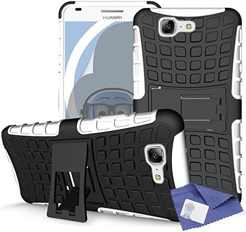 iTALKonline Huawei Ascend G7 G7-L01 G7-L03 White Black Tough Hard Shock Proof Rugged Heavy Duty Case Cover with Viewing Stand and Tempered Glass Protective LCD Screen Protector with MicroFibre Polishing Cleaning Cloth and Application Card