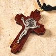 Durable Nylon String Necklace - 1.75" Light Brown Wood Crucifix with Silver Corpus & Medal - Made in Italy