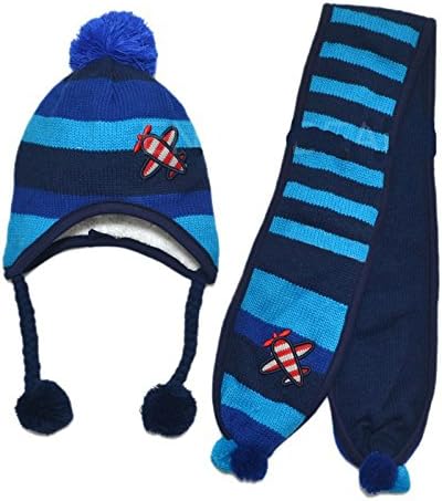 Winter Baby Toddler Warm Knit Strip Hat and Scarf Pom Pom Set Blue
