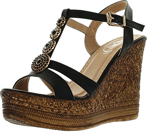 Refresh GRITA-04 Women's Beaded Platform Ankle Strap Cork Wedge Heel Sandal
