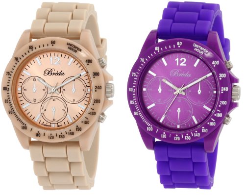 The watches featured in the Breda Women's Dark Purple and Cream Haley Trendy Silicone Watch Set are the new, sporty “go to” accessories for the season! Whether you decide to don the dark purple or the cream watch, you will a...