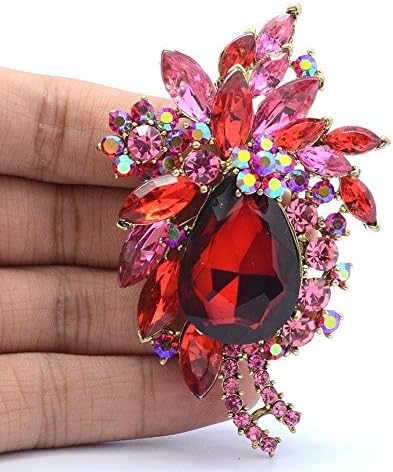 Flower Wedding Bouquet Rhinestone Brooch Women Crystals Jewelry Leaf Broaches Pins 4997 (RED)