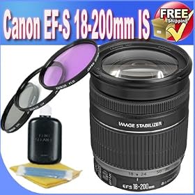 Canon EF-S 18-200mm f/3.5-5.6 IS Lens + 72mm 3 Piece Professional Filter Kit + Lens & Camera Cleaning Kit!!