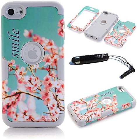 ATQ® PC + TPU Cherry Flower Pattern Hybrid Impact Armored Hard Case for Apple iPod Touch 6 with Stylus pen (Gray)