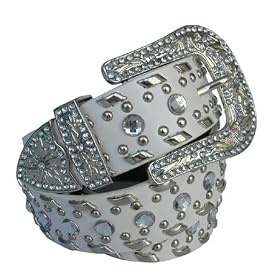 White Western Rhinestone Studded Leather Belt M 34 36