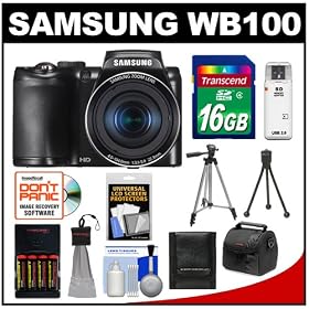 Samsung WB100 Smart Digital Camera (Black) with 16GB Card + Case + Batteries & Charger + Tripod + Accessory Kit