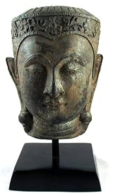 7 1/2 Inch Bronze Buddha Head Mask on Stand