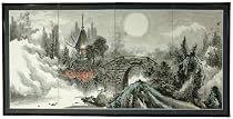 Sumi-e Ink & Water Color Asian Art - 36" x 72" Bridge to Full Moon Oriental Wall Screen Painting