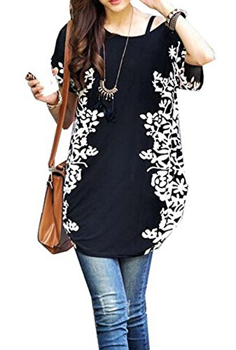 Relipop Summer Tunic Short Sleeve Casual Loose Blouse Top (XX-Large, Black)