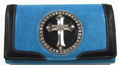 Ladies Trifold Faux Blue Leather Wallet with Black Trim and Rhinestone Cross