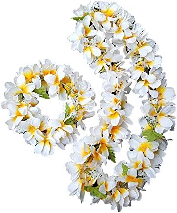 Hawaiian Lei Hawaiian Haku - Silk Plumeria Lei and Haku Headband Bundle - 2 Items (Original White)