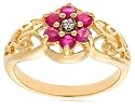 18k Yellow Gold Overlay Sterling Silver Diamond Accent & Ruby Flower Ring