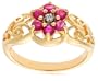18k Yellow Gold Plated Sterling Silver Diamond Accent and Ruby Flower Ring