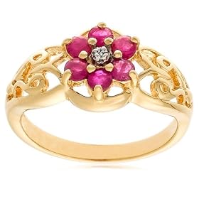 18k Yellow Gold Overlay Sterling Silver Diamond Accent and Ruby Flower Ring by Amazon.com Collection