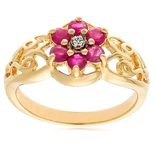 18k Yellow Gold Plated Sterling Silver Diamond-Accent and Ruby Flower Ring,... by