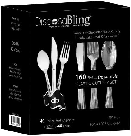 DisposaBling Plastic Silver Cutlery Set - 160 Piece Party Flatware Kit Includes Knives, Forks, Spoons - Plus BONUS FORKS
