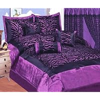 7pcs Purple Black Satin Zebra Flocking Comforter Set Twin Size with 4 Pillows