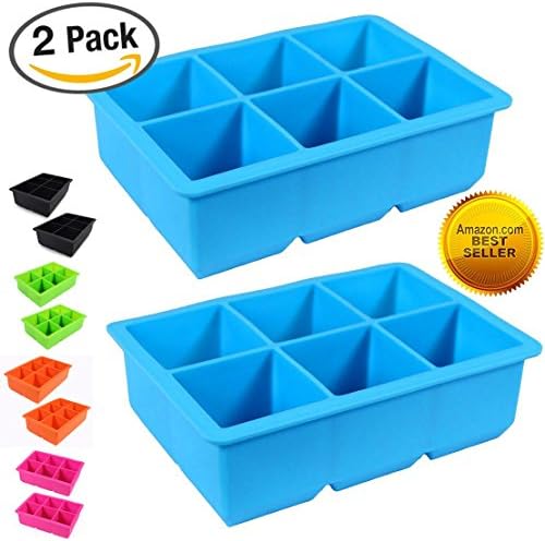 2 Pack - King Cube Ice Trays - 2-inch Squares - 6 Large Ice Cube Maker Per Tray, Extra Large Silicone Mold (2-PACK BLUE)