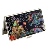 Mother of Pearl Tiger and Dragon Ball Design Black Metal Stainless Steel Engraved Slim Business Credit Name Card Holder Id Money Case Wallet