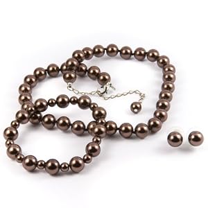 Light Brown 10mm Glass Pearl Necklace, Bracelet and Earr
